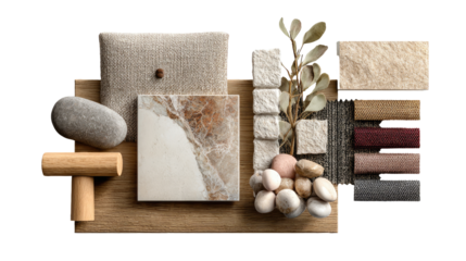 Natural material palette swatches displayed on a light wooden surface.  Various textures, tones, and shapes of stones, fabrics, and wood pieces are arranged in an organized, aesthetically pleasing way