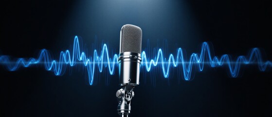 vintage studio microphone with dynamic blue cyber background for recording vocal and voice | podcast, music, technology, voice, communication theme