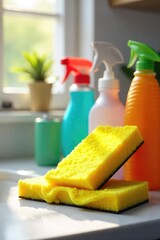A bright yellow sponge sits amongst other cleaning supplies, ready for household chores Sunlight streams in through a nearby window, illuminating the cheerful scene , bleach, sponge