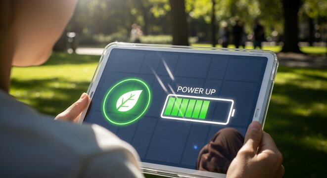 Person holding tablet with green leaf and full battery symbol display in park setting, concept for eco-friendly energy (1), sustainable technology solutions (2) and environmental awareness campaign