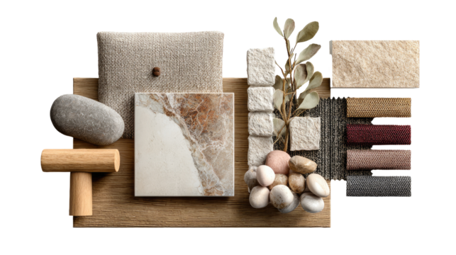 Natural material palette swatches displayed on a light wooden surface.  Various textures, tones, and shapes of stones, fabrics, and wood pieces are arranged in an organized, aesthetically pleasing way