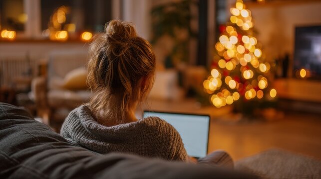 Young woman working on laptop in cozy living room during Christmas  