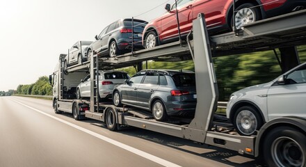 Cars stacked high on a transport truck