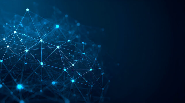 Abstract nanotechnology, network of interconnected nodes and lines in shades of blue, representing data, technology, or communication.
