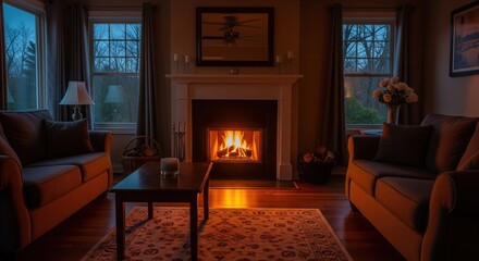 Cozy living room at night with fireplace