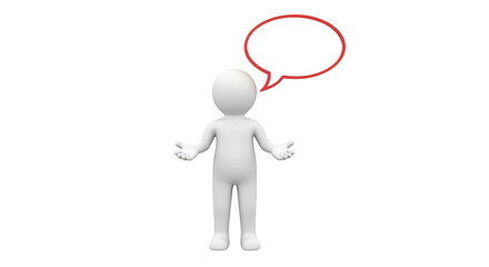 A white 3d stick figure stands with open arms and a thought bubble above its head, isolated on transparent background