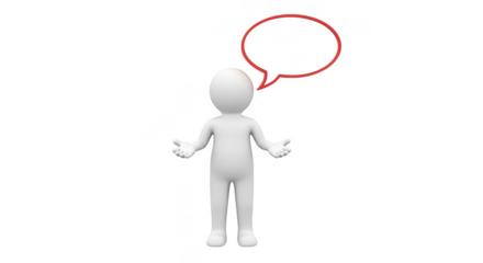 A white 3d stick figure stands with open arms and a thought bubble above its head, isolated on transparent background