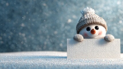 Cute snowman holding a blank banner mockup in a snowy winter landscape  