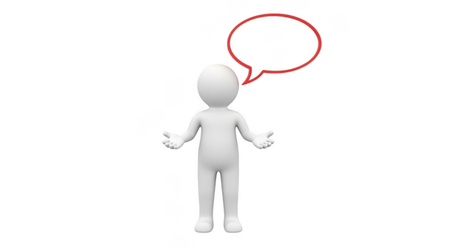 A white 3d stick figure stands with open arms and a thought bubble above its head, isolated on transparent background - Powered by Adobe