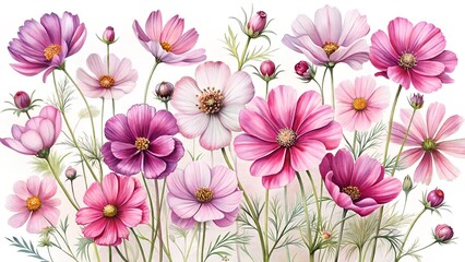 Fototapeta premium Botanical Watercolor Cosmos Flowers In Pink And Purple