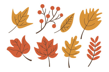 Autumn Leaves and Berries Collection – Hand-Drawn Fall Leaf Vector Set in Warm Colors