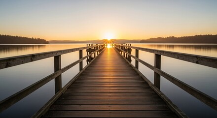 Obraz premium Sunrise over a tranquil lake, wooden pier extending to horizon