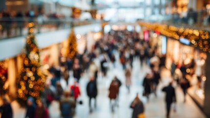 Crowded mall during Christmas season with decorated trees and lights  
