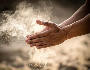 close-up action shot of two hands clapping together, creating a dramatic cloud of dust or particles in the air.