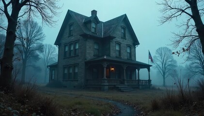 A dilapidated Victorian-era house shrouded in mist, ominous shadows clinging to its decaying facade, hinting at secrets and screams within , mystery, roof