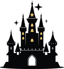 Obraz premium Vector fantasy castle silhouette with gold accents