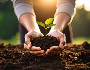 Protective hands cupping young green plant seedling growing from rich soil in warm sunlight symbolizing environmental care