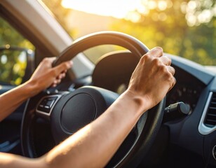 
A close-up perspective of a man's hands on a steering wheel, representing concepts of control, commuting, and the modern journey.