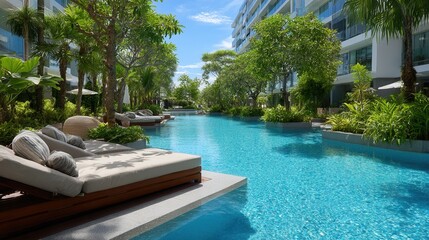 Sunbeds near crystal-clear pool, no people