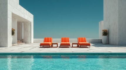 Sunbeds near crystal-clear pool, no people