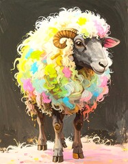Colorful sheep with fluffy, vibrant fur