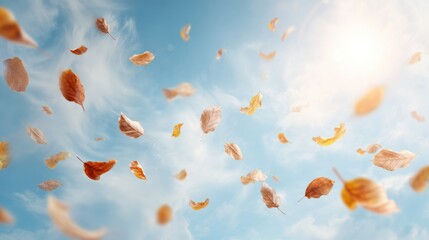 Premium Autumn Leaves Swirling with Sun Flare in Blue Sky Modern Seasonal Background for Cozy Social Media Marketing and Lifestyle Campaigns