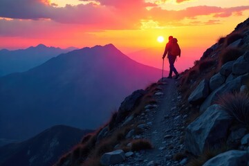 A lone hiker ascends a steep, rocky mountain path, silhouetted against a vibrant sunset The rugged terrain and challenging climb are evident in the image , terrain, expedition