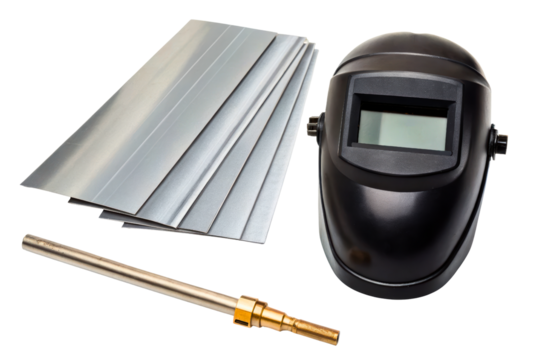 Welding equipment with protective mask, steel plates, and torch isolated with transparent background