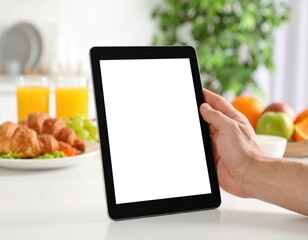 Hand holding tablet with blank white screen in bright kitchen with breakfast spread including orange juice, croissants and fresh fruits