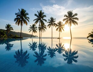 Fototapeta premium Scenic sunset view with palm trees reflecting in a tranquil infinity pool by the ocean. Tropical paradise atmosphere with golden sunlight and serene vibes.