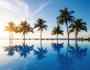 Obraz premium Tropical palm trees reflected in a luxury infinity pool by the ocean at sunset.