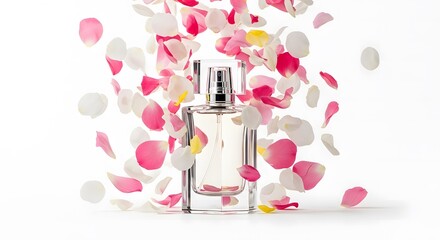 Elegant glass perfume bottle with a vibrant explosion of fresh pink and white rose petals symbolizing a delicate floral scent