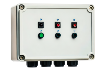 Industrial electrical control box with push buttons and lights isolated with transparent background