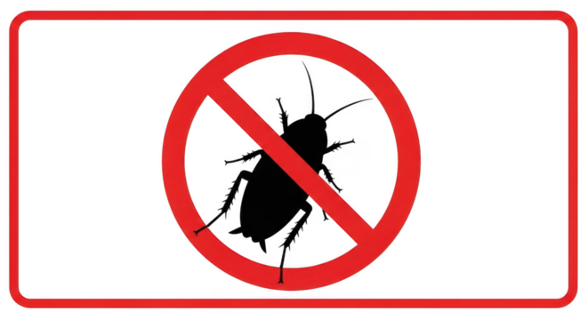 A black silhouette of a cockroach is crossed out by a red prohibition sign, indicating pest control or a warning against insects isolated on transparent background