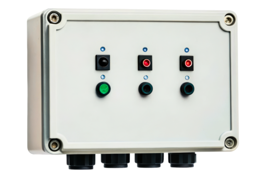 Industrial electrical control box with push buttons and lights isolated with transparent background
