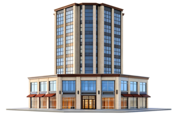 Modern multistory office building with glass windows isolated with transparent background