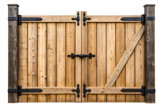 Old rustic wooden garden gate with black metal forged hinges isolated with transparent background