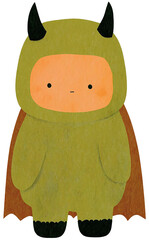 A cute and simple illustration of a red monster with yellow horns and collar standing cheerfully on a white background perfect for playful and friendly designs