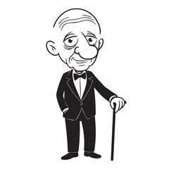 Old person in formal suit black and white vector illustration portrait elegant classic digital artwork