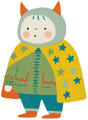 A cute and simple illustration of a red monster with yellow horns and collar standing cheerfully on a white background perfect for playful and friendly designs