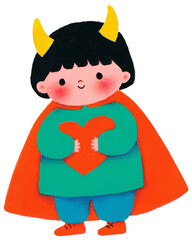 A cute and simple illustration of a red monster with yellow horns and collar standing cheerfully on a white background perfect for playful and friendly designs