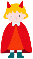 A cute and simple illustration of a red monster with yellow horns and collar standing cheerfully on a white background perfect for playful and friendly designs