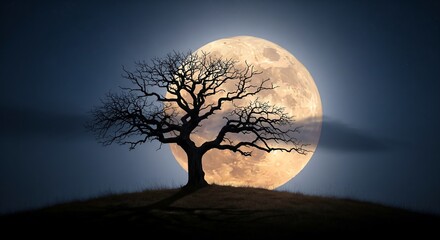 Spooky Halloween Night Silhouette of a Bare Tree Against a Giant Harvest Moon