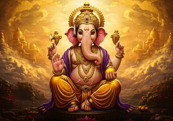 Colorful Lord Ganesha Statue with Golden Accessories in Mythical Cloudy Landscape
