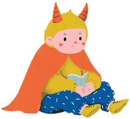 A cute and simple illustration of a red monster with yellow horns and collar standing cheerfully on a white background perfect for playful and friendly designs