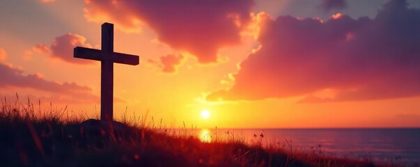 A serene image depicting a simple wooden cross silhouetted against a vibrant sunset, conveying peace and hope Perfect for Easter, Lent, or general Christian themes , cross, serene, biblical