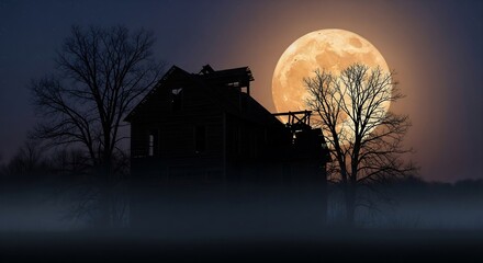 Spooky Halloween Night Silhouette of a Decaying Farmhouse Underneath a Glowing Harvest Moon  Surrounded by Fog and Leafless Trees