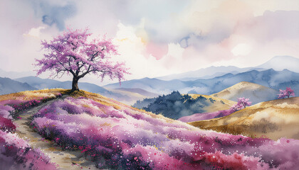 Blooming Cherry Blossom Tree on Mountain Landscape – Watercolor Style Illustration