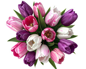 Mixed Pink, Purple, and White Tulips in Decorative Vase Isolated on Transparent Background PNG