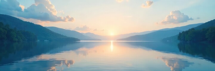 Serene Still Lake Landscape Tranquil Water Reflecting Calm Sky, Perfect for Meditation and Mindfulness Projects